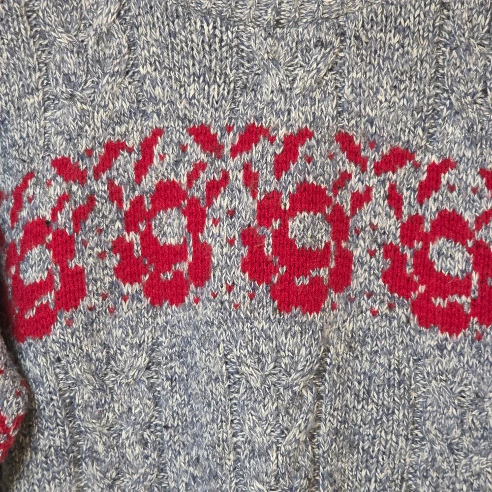 Vintage Cable Knit Fair Isle Sweater Blue Red Floral Navy‎ Leaf Pattern Unisex M